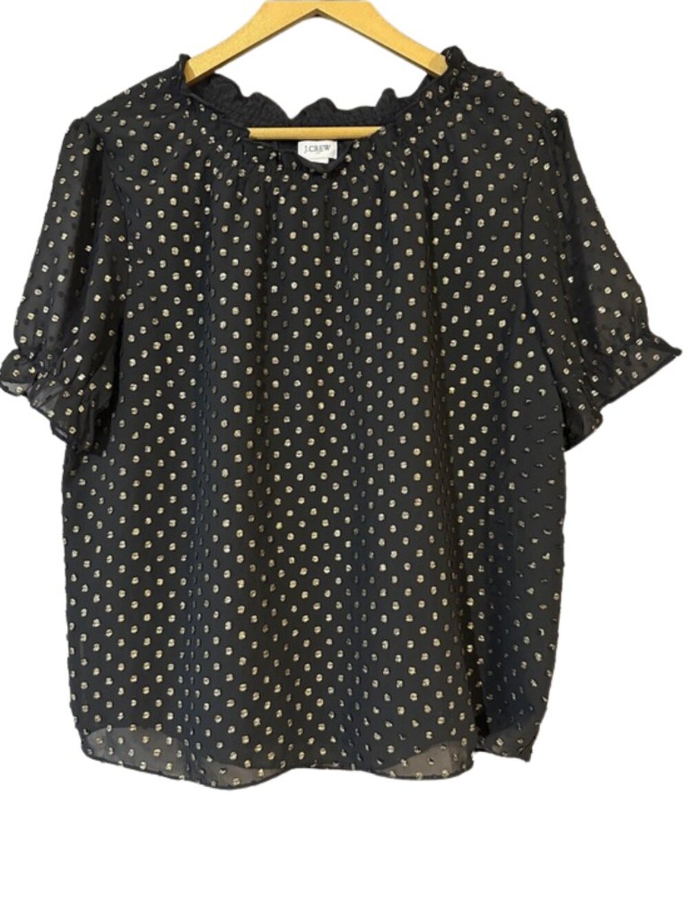 J.Crew Black Sheer Blouse Gold Polka Dot Ruffle Sleeve Top Women’s Medium